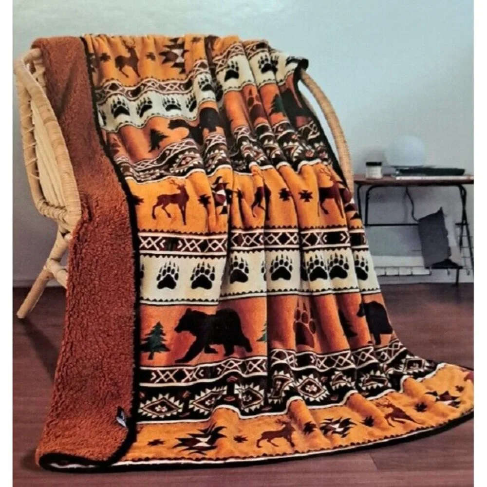 New Rust Orange Lodge Plush Fleece Throw Gift Blanket Sherpa Bear Paw Deer Cabin